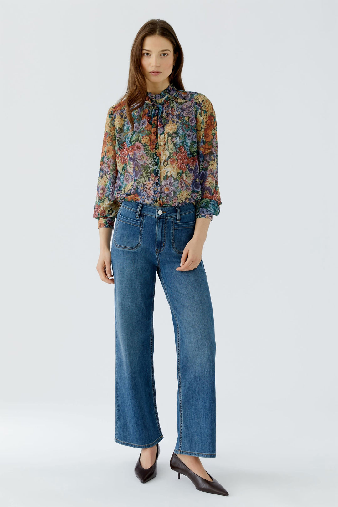 Vue de face blouse imprimée Oui pour femme rouge avec motifs floraux - Valérie Simon