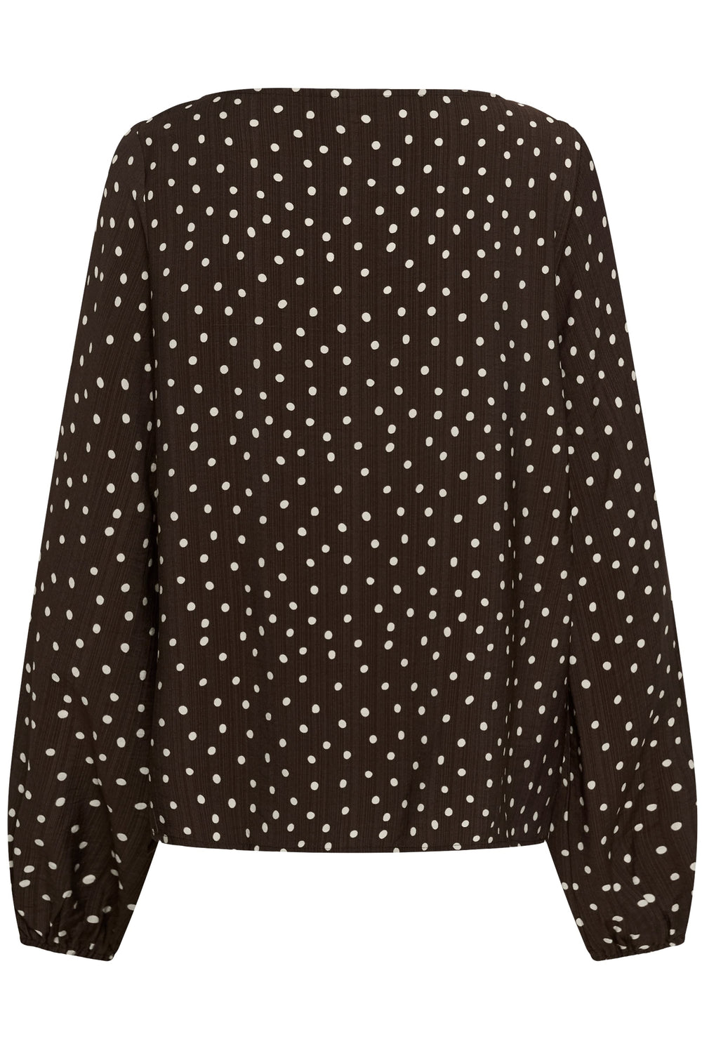 Front view of a white Kaffe polka-dot blouse for women with collarless details - Valérie Simon