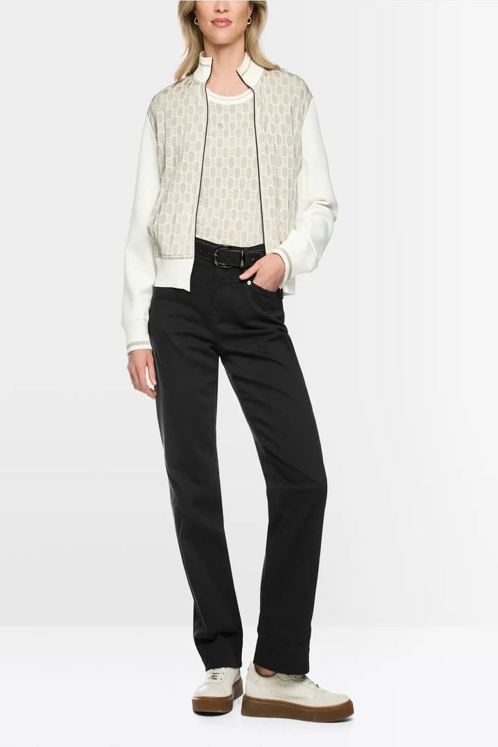 Front view of a gray Marc Cain jacquard jacket with distinctive patterns for women - Valérie Simon