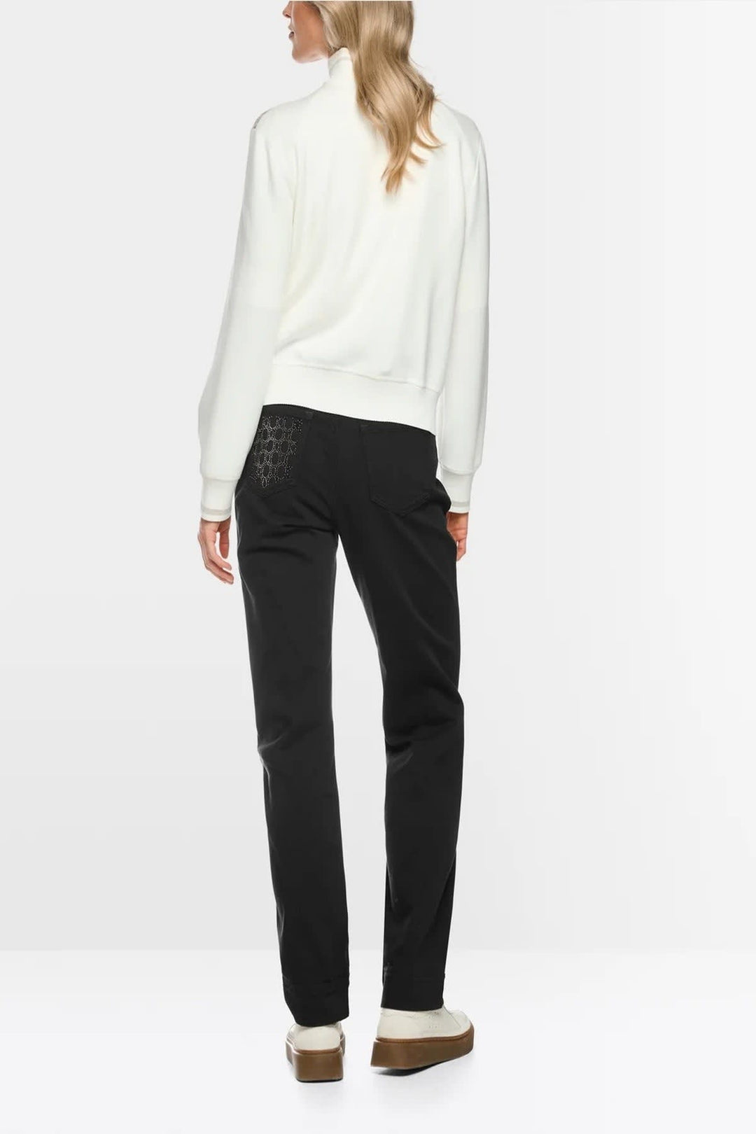 Side view of a red Marc Cain jacquard jacket for women with patterns - Valérie Simon