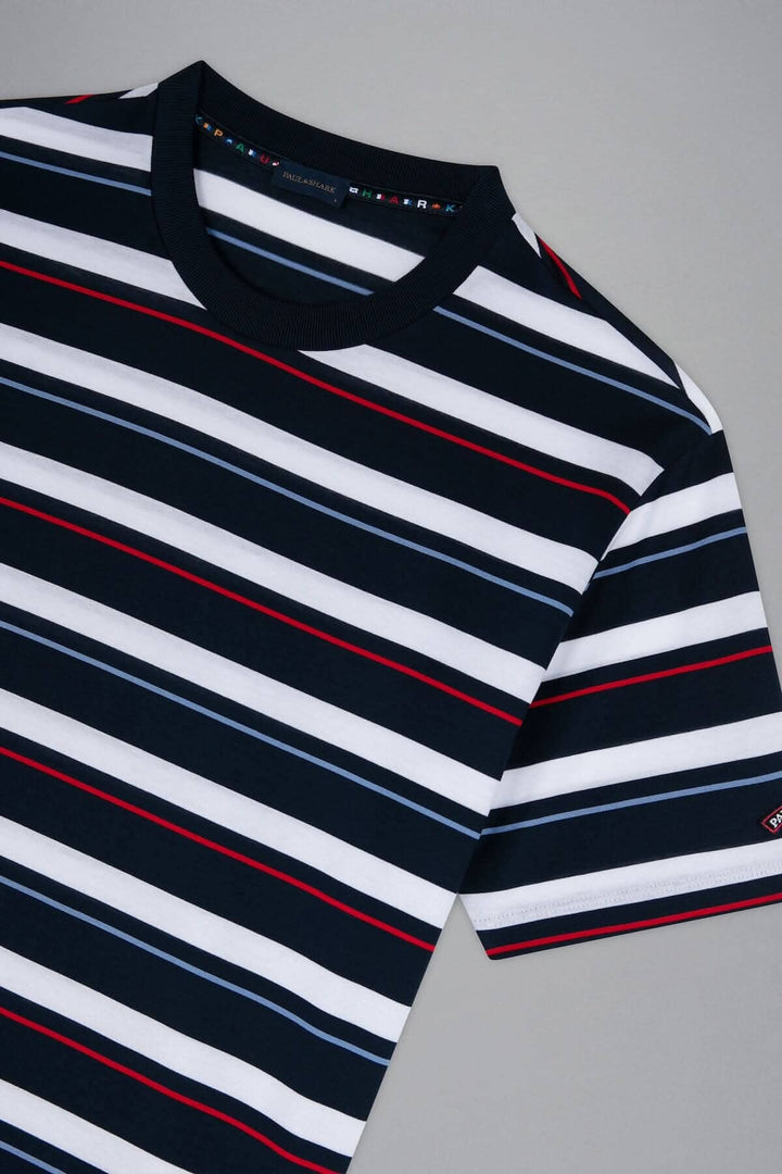 T-shirt ligné multicolore Paul and Shark avec des rayures bleues, rouges et blanches sur fond marine.