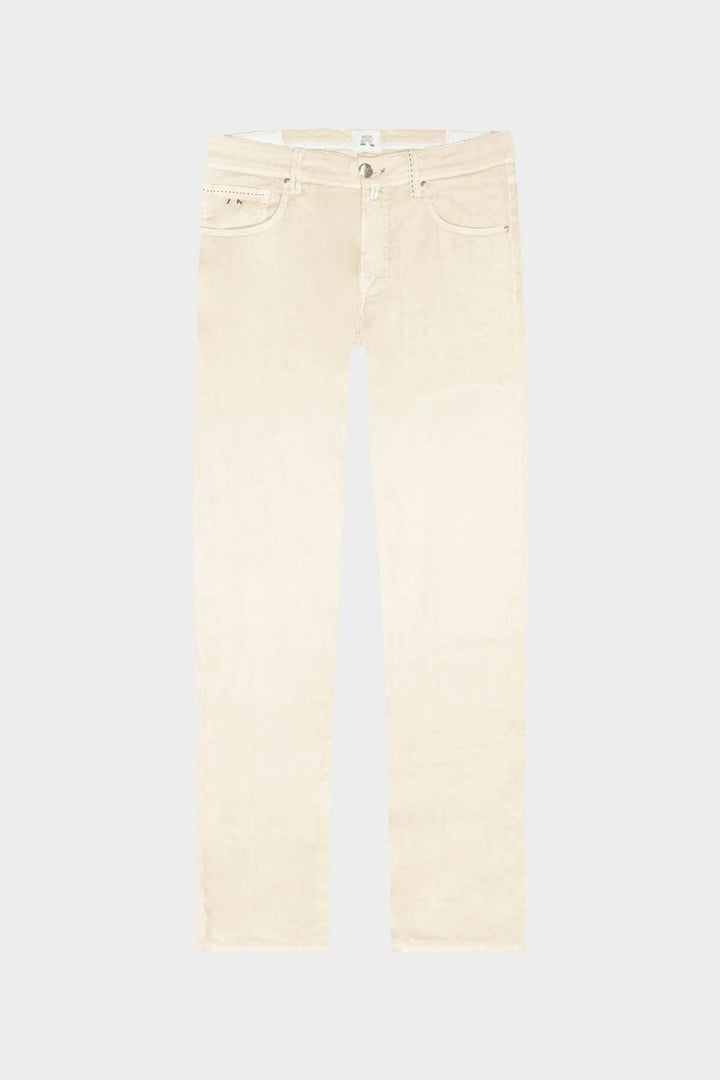 Pantalon en lin italien en couleur crème, doux et léger, associant coton et lin pour un confort unique.