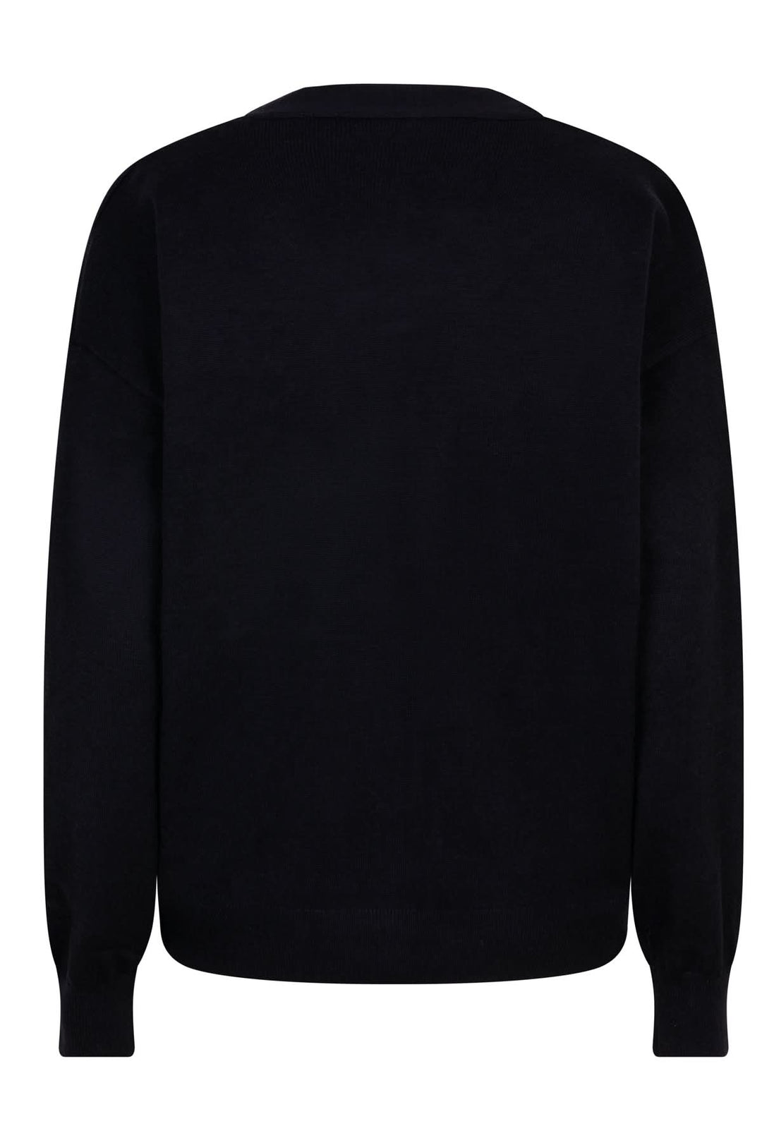 Cardigan graphique noir, vue arrière, en maille douce avec coupe ample et col en V profond.