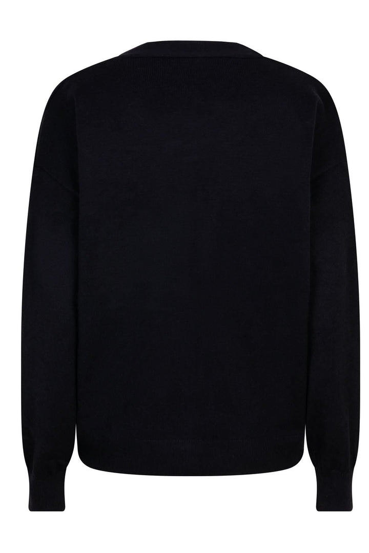 Cardigan graphique noir, vue arrière, en maille douce avec coupe ample et col en V profond.