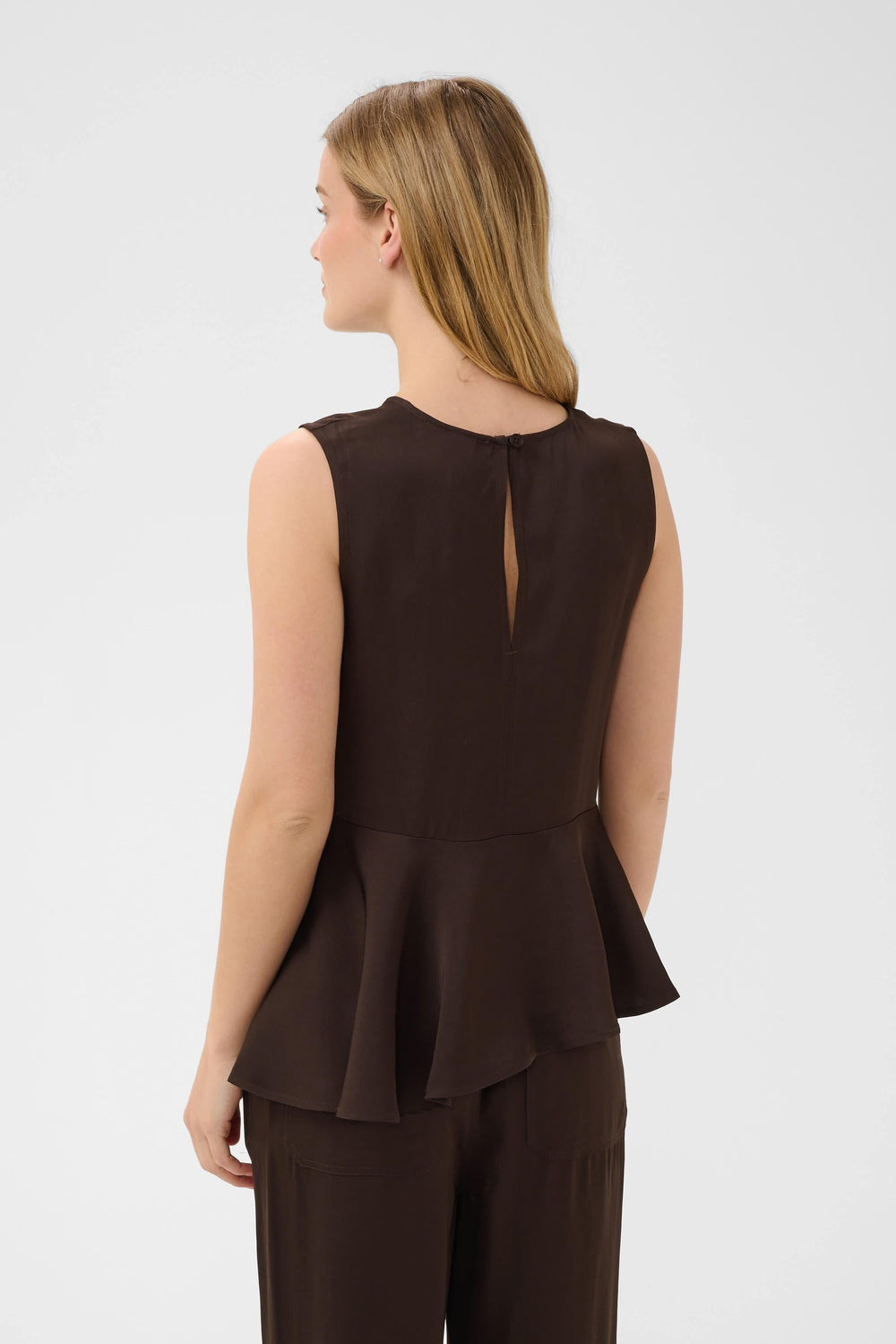 Front view of women's peplum camisole with round neckline Part Two