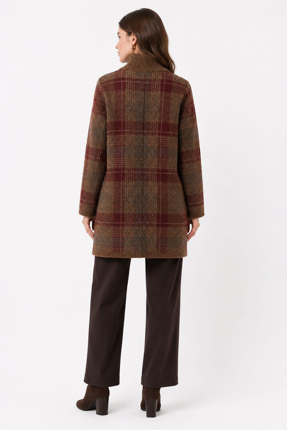 Gray checkered cape, side view, with a stand-up collar Repeat Cashmere for women - Valérie Simon