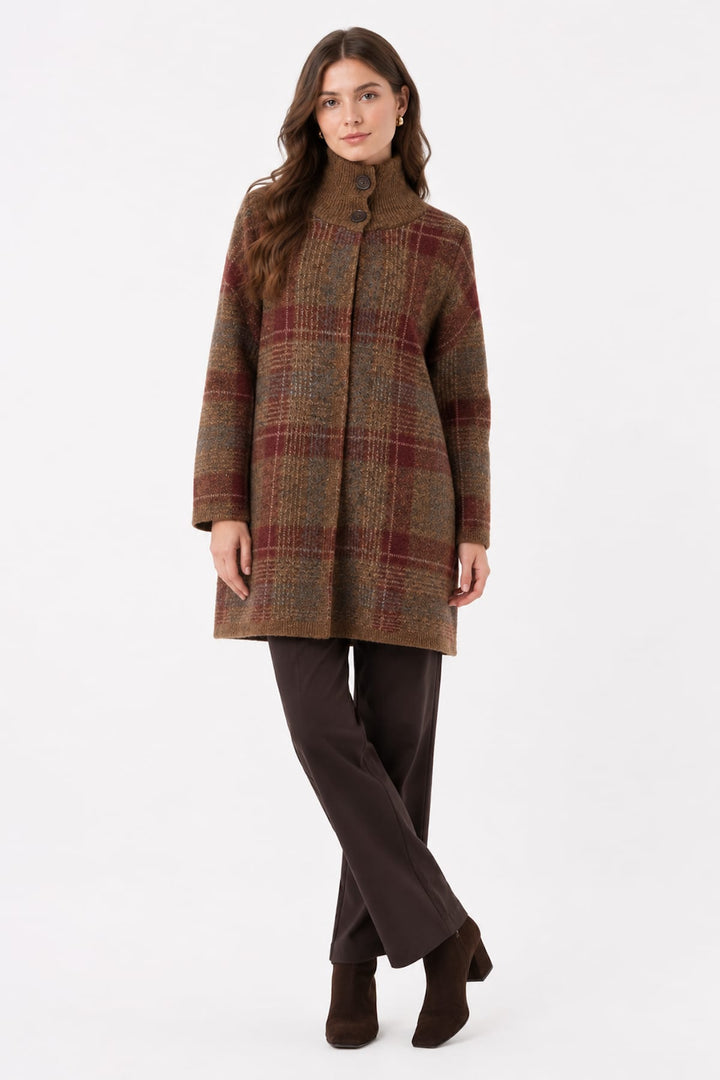 Side view of a checkered cape Repeat Cashmere for women, gray, high neck - Valérie Simon