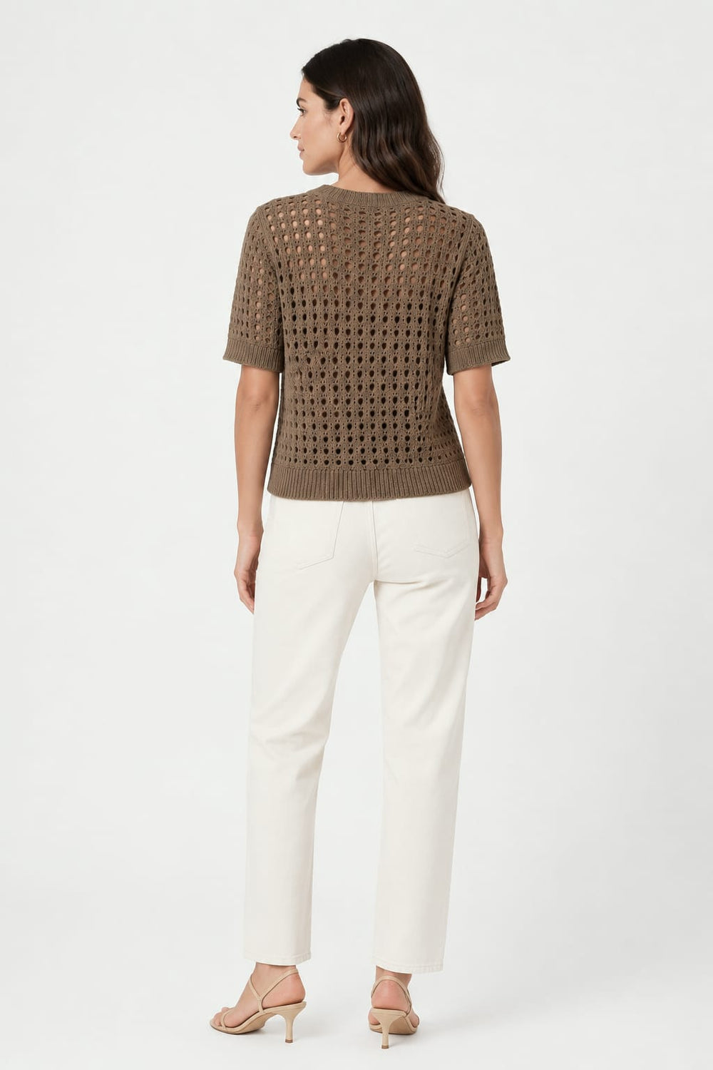 Three-quarter view of an off-white, short-sleeved openwork cardigan for women - Brax by Valérie Simon