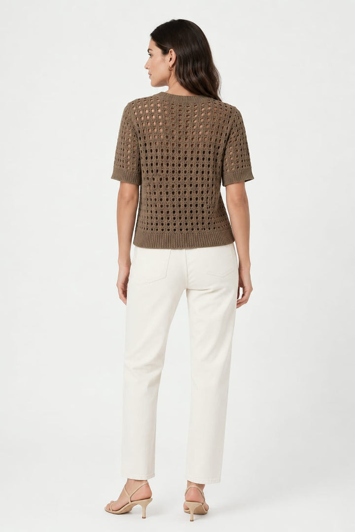Three-quarter view of an off-white, short-sleeved openwork cardigan for women - Brax by Valérie Simon