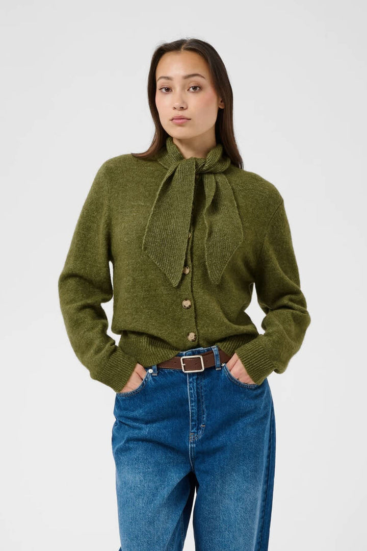 Vue frontale cardigan avec foulard amovible Part Two pour femme beige - Valérie Simon