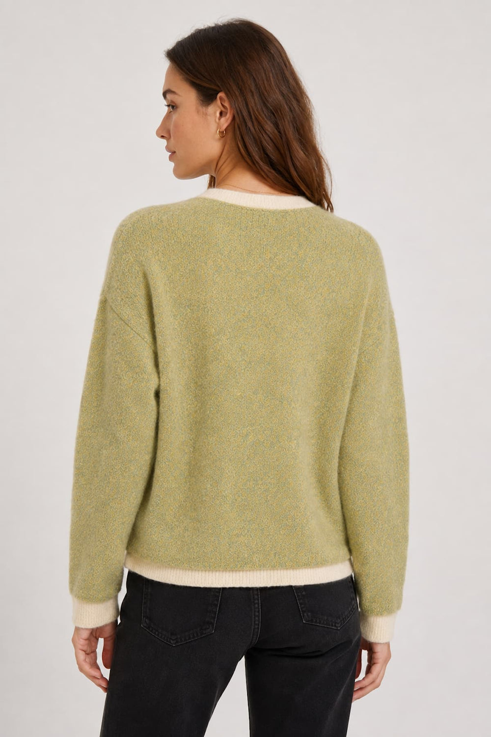 Front view of women's white fluffy knit cardigan with black trim JC SOPHIE - Valérie Simon