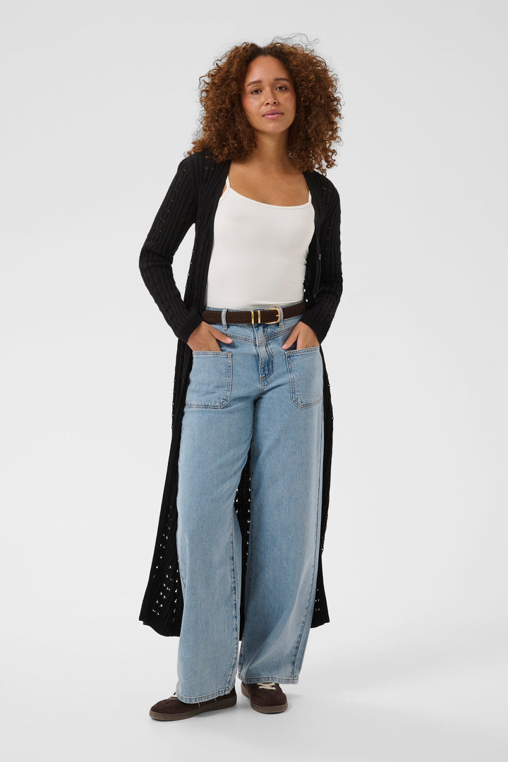 Front view of a beige Kaffe openwork knit cardigan for women with textured details - Valérie Simon