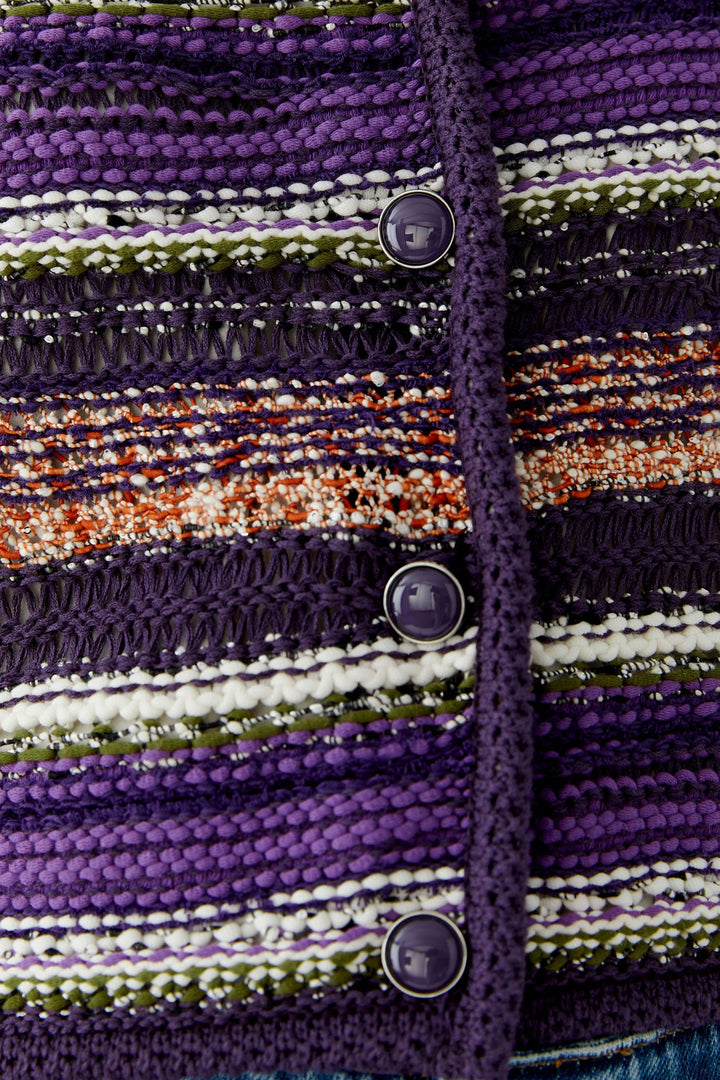 Vue de face cardigan rayé en maille texturée Oui femme beige-brun avec manches longues - Valérie Simon