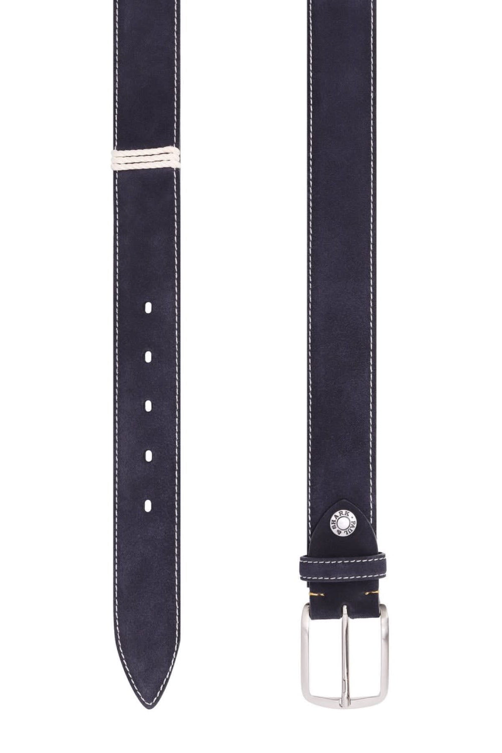 Side view of a dark brown suede leather belt by Paul and Shark with a silver buckle - Valérie Simon