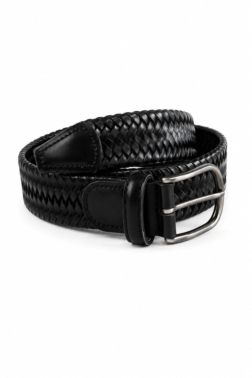 Side view of Anderson's brown braided leather belt for men with a silver buckle - Valérie Simon