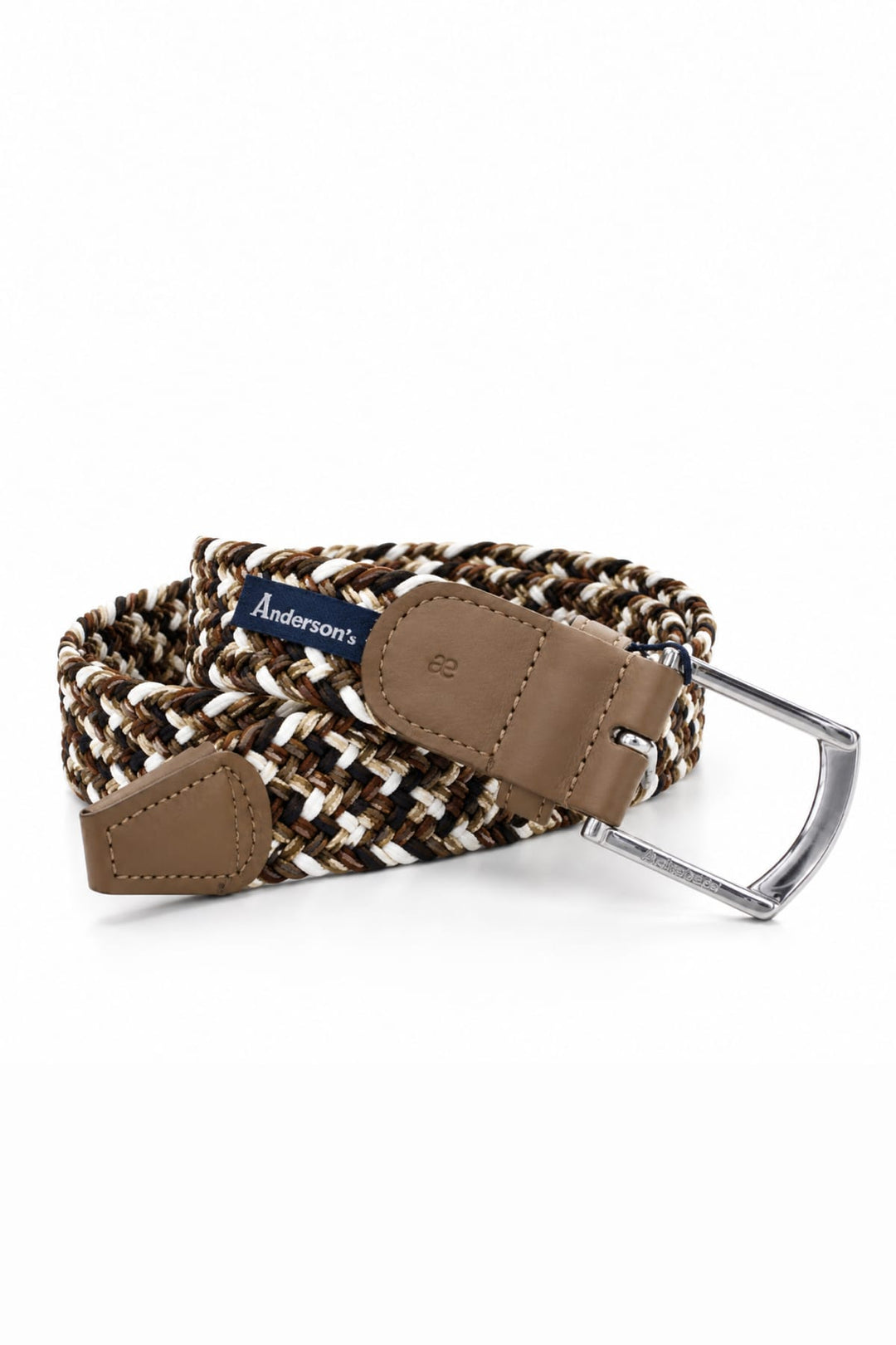Close-up of a brown stretch braided belt with a silver buckle for men by Anderson&