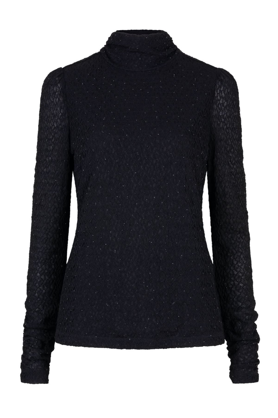 Haut à col montant semi-transparent en maille noire délicatement ornée de micro-brillants.