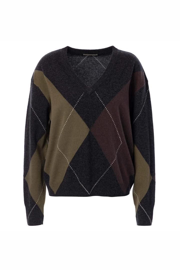 Side view of JC SOPHIE beige argyle sweater for women - Valérie Simon