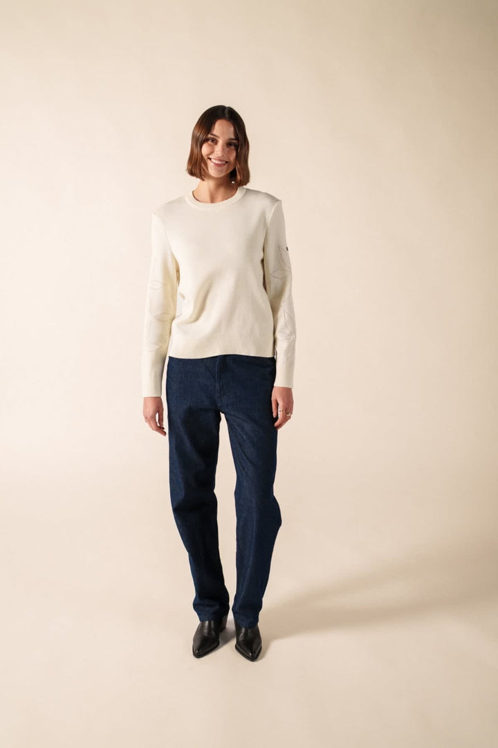 Vue de face chandail Saint James pour femme beige rayures bleues Valérie Simon