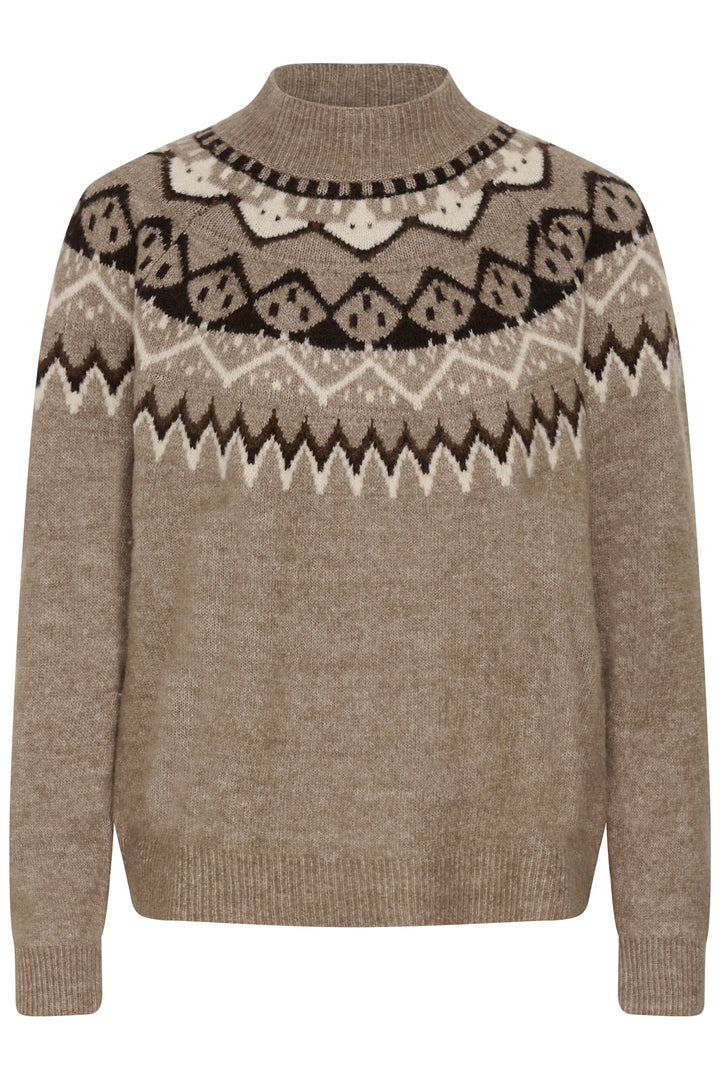 Front view of women’s beige Nordic sweater Cream with red jacquard patterns - Valérie Simon