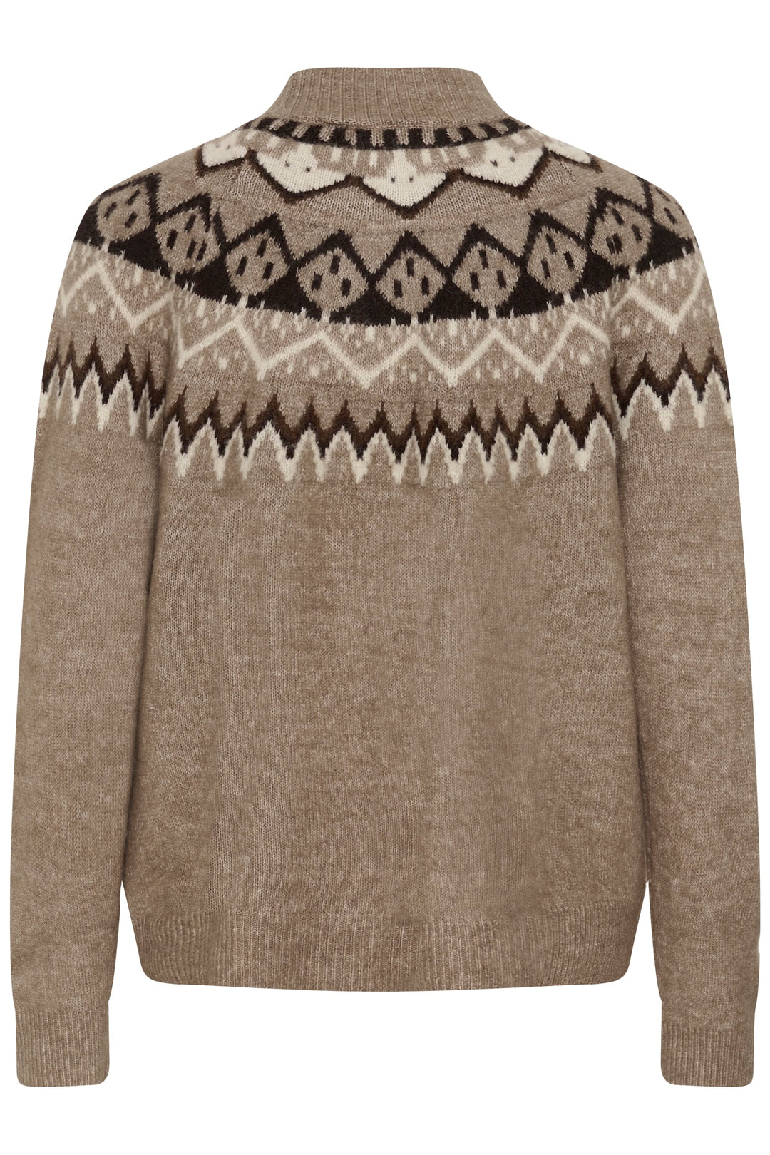Front view of women’s beige jacquard sweater with Nordic pattern Cream and red details - Valérie Simon