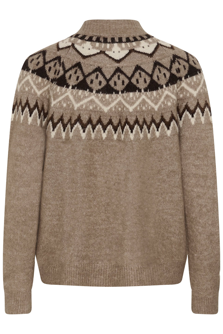 Front view of women’s beige jacquard sweater with Nordic pattern Cream and red details - Valérie Simon
