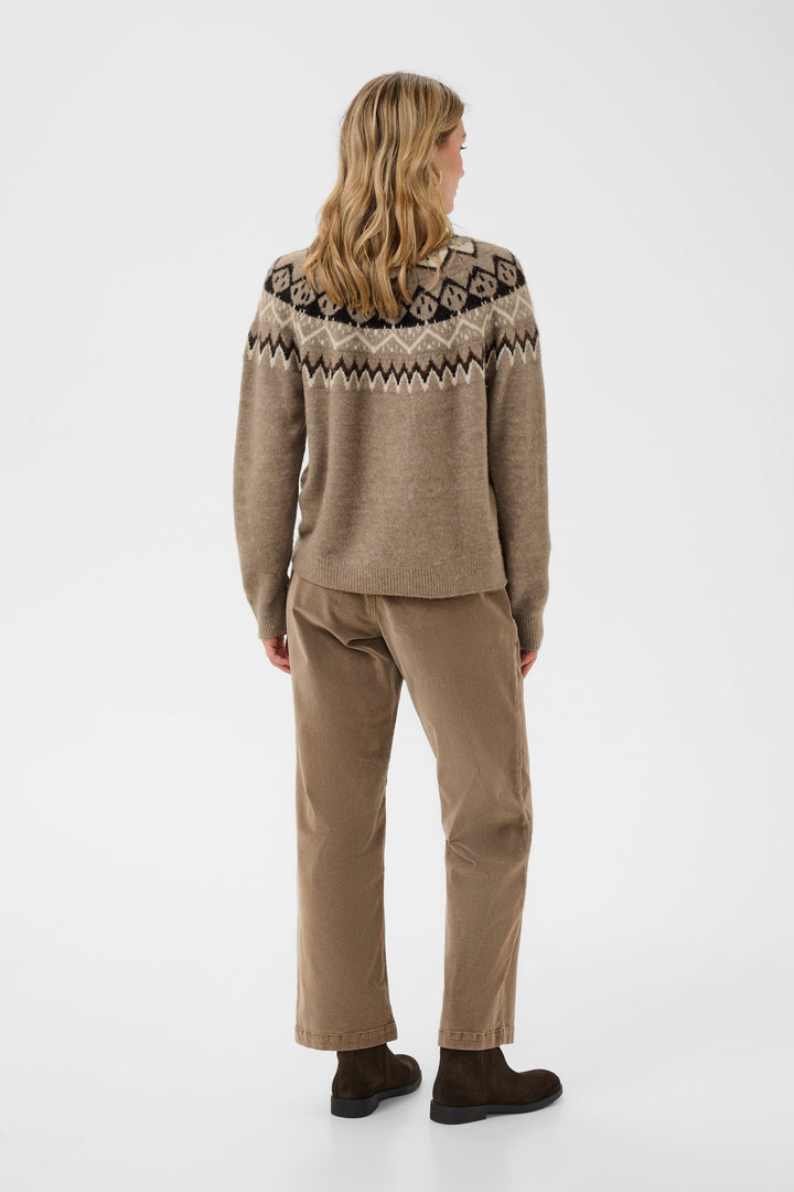 Front view of women’s red Nordic sweater in jacquard knit with pattern detail Cream - Valérie Simon