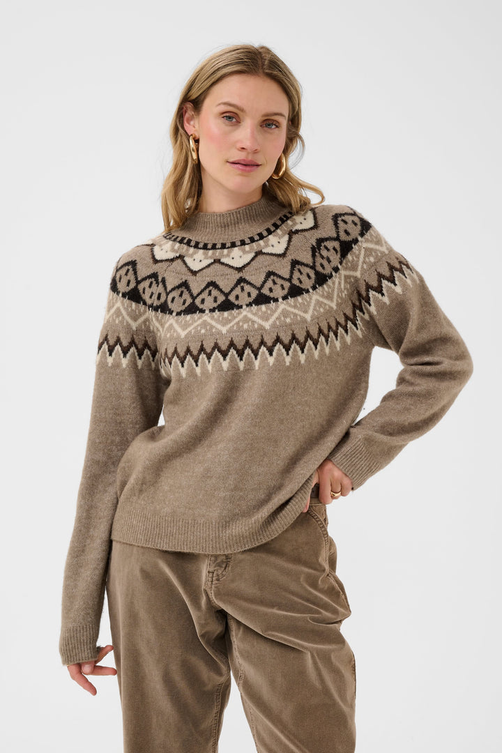 Front view of women’s white and red Nordic-pattern sweater Cream - Valérie Simon