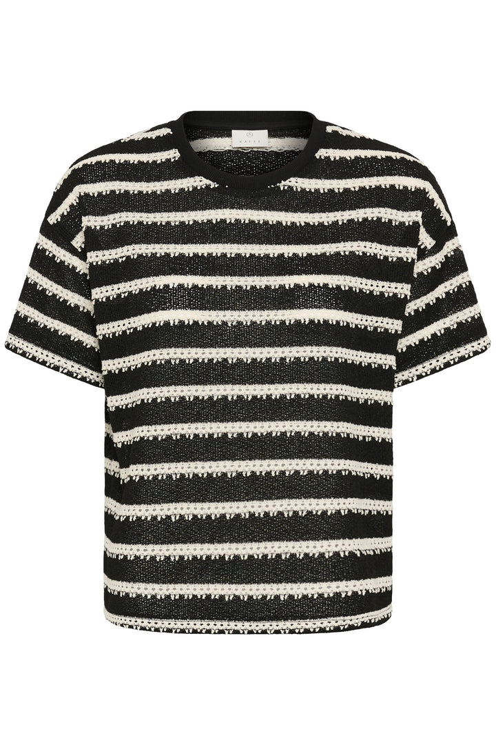 Front view of a brown-and-beige striped Kaffe knit sweater for women - Valérie Simon