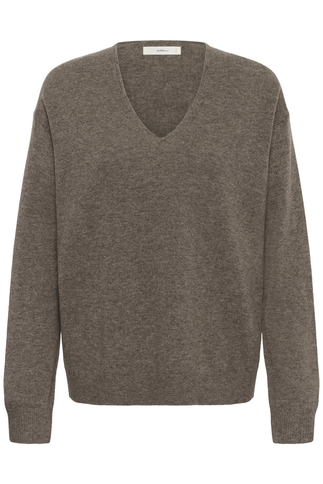 Vue latérale chandail en laine Inwear pour femme gris avec détails côtelés - Valérie Simon