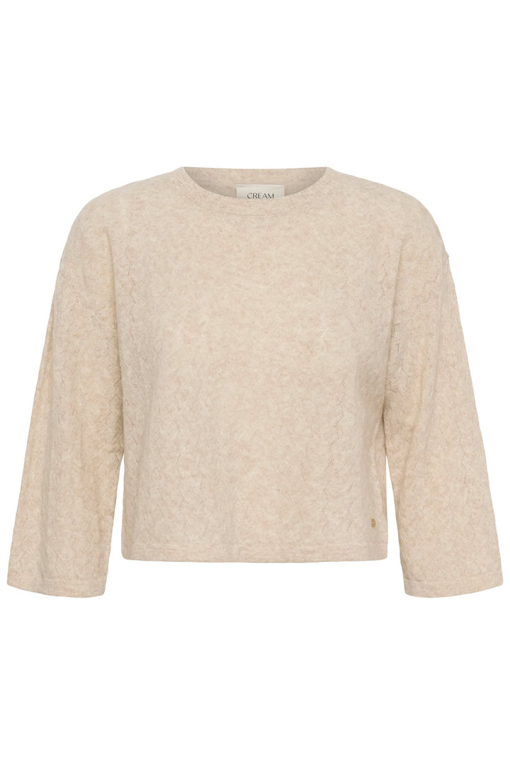 Front view of beige lace knit sweater cream with flared sleeves - Valérie Simon
