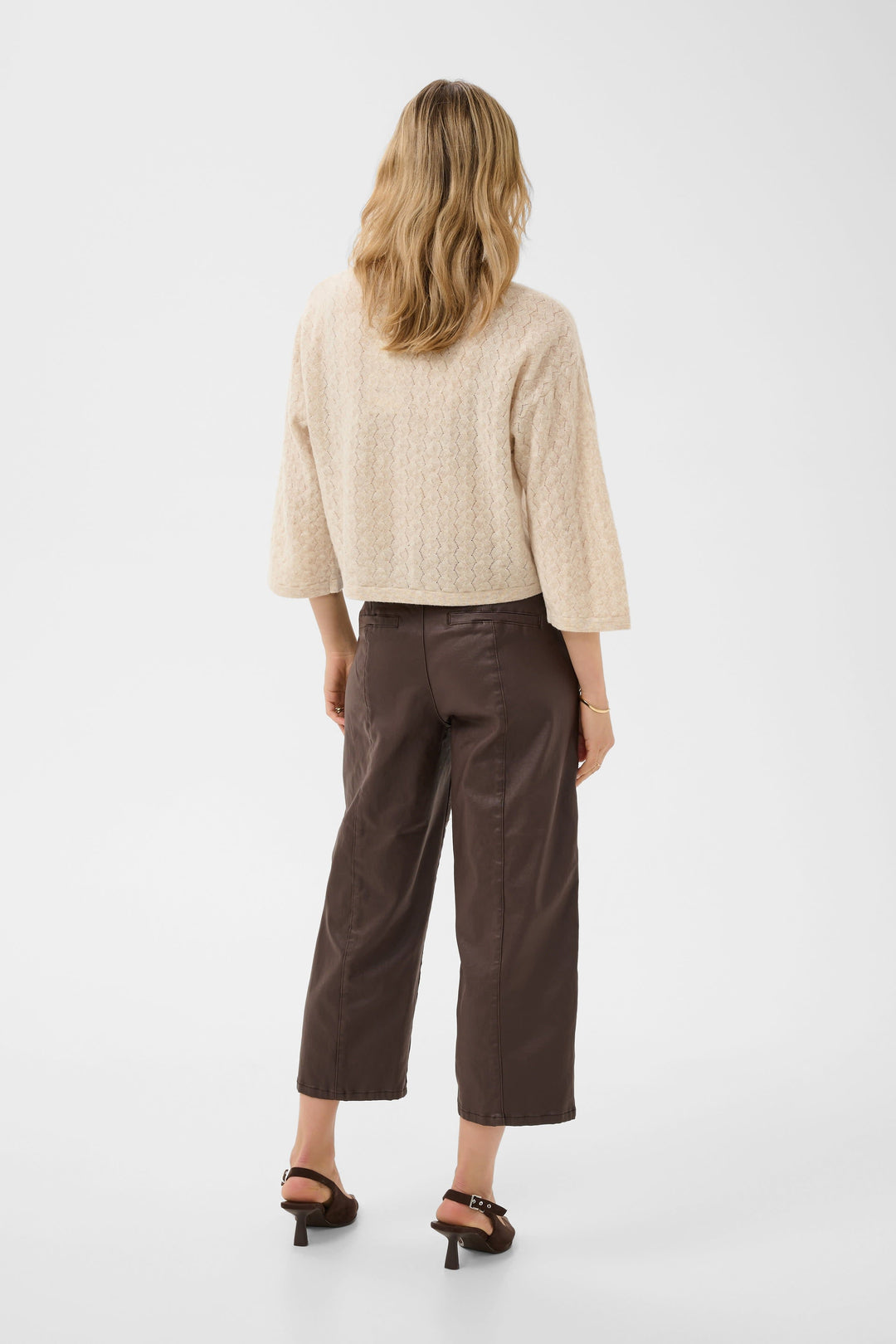 Front view of women’s white openwork knit sweater Cream with flared sleeves - Valérie Simon