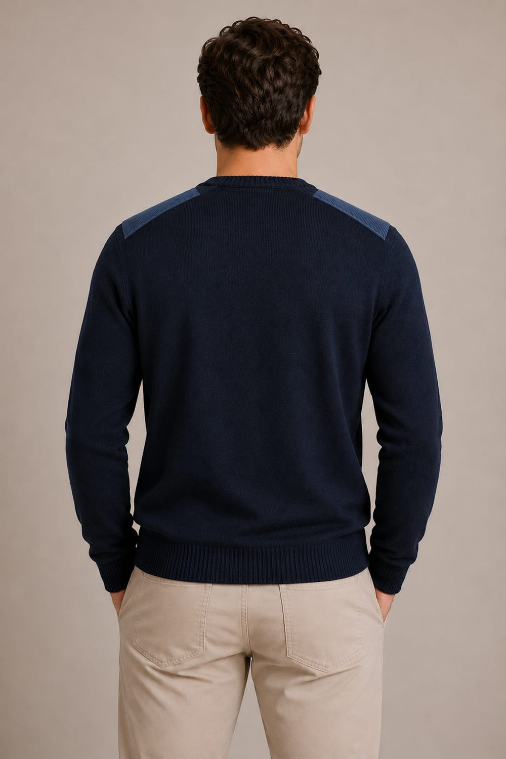 Front view of a blue, round-neck Paul and Shark men's knit sweater with a subtle logo - Valérie Simon