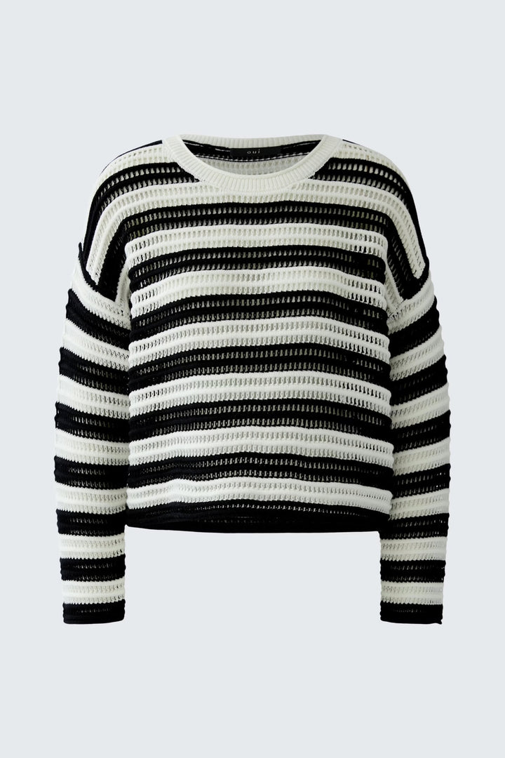 Vue de face chandail rayé bleu ciel et blanc en tricot ajouré Oui pour femme - Valérie Simon