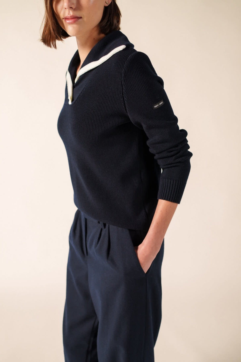 Front view of a blue-and-white Saint James sailor-striped sweater for women - Valérie Simon