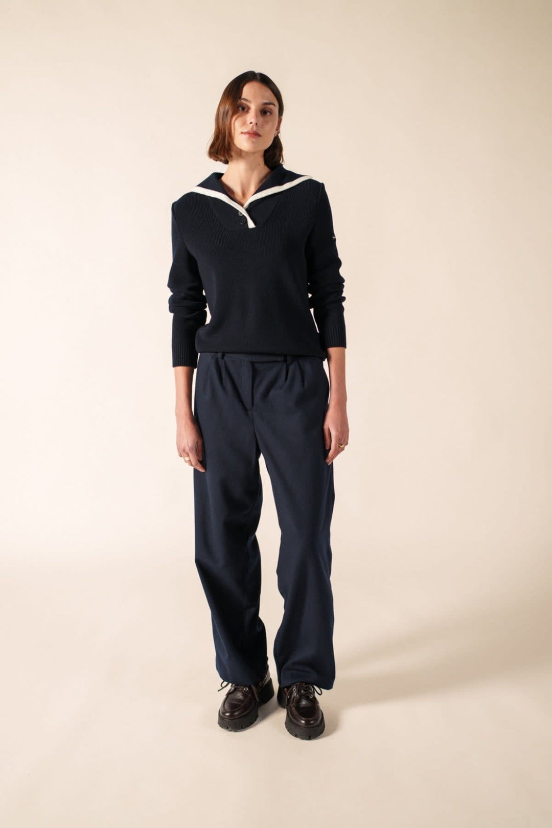 Side view of the GAVARNIE Saint James blue-and-white striped sweater for women - Valérie Simon