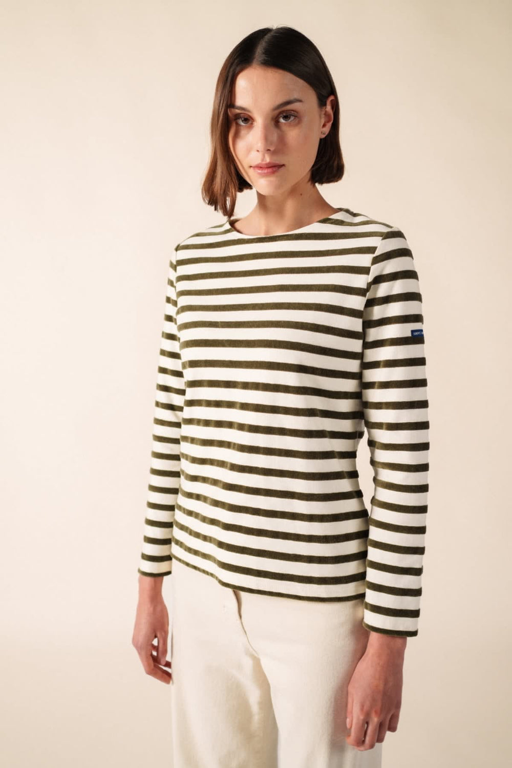 Front view of the blue Saint James Merivelours women's sweater with stripes by Valérie Simon