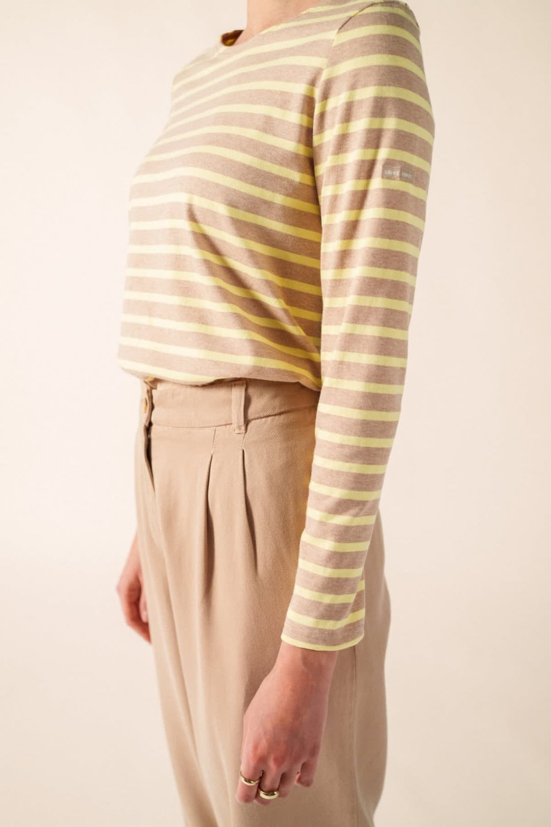 Front view of the Saint James striped navy and white women&