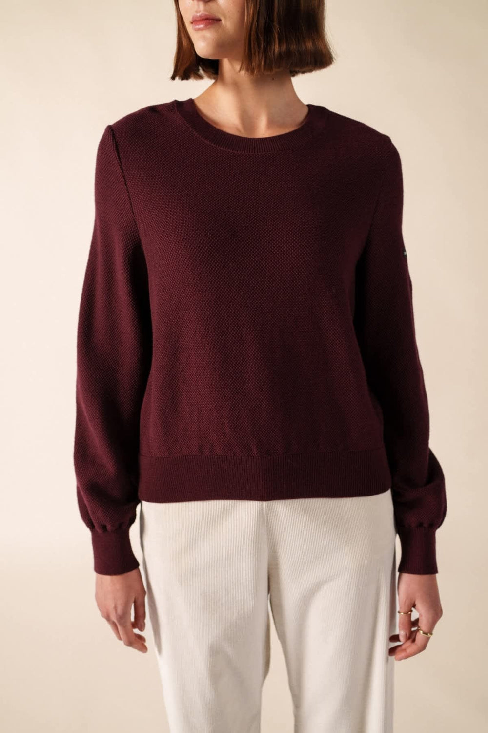 Front view of the blue "Provence Hiver" sweater with Saint James stripes for women - Valérie Simon