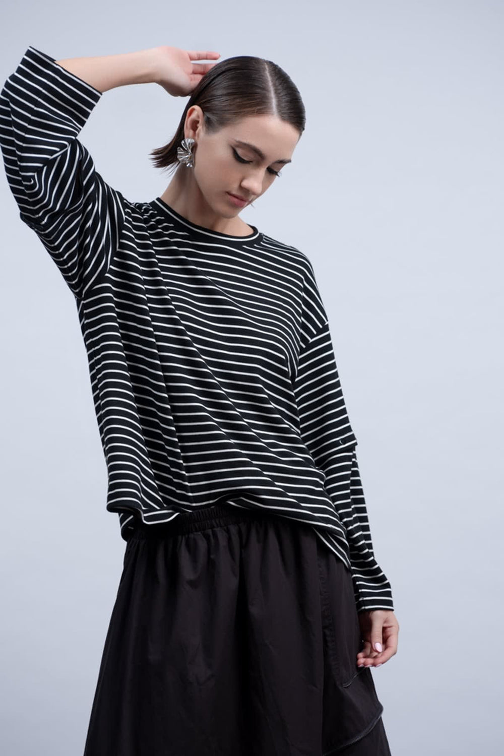 Front view of the Haako yellow and white striped women's sweater with a round neckline - Valérie Simon