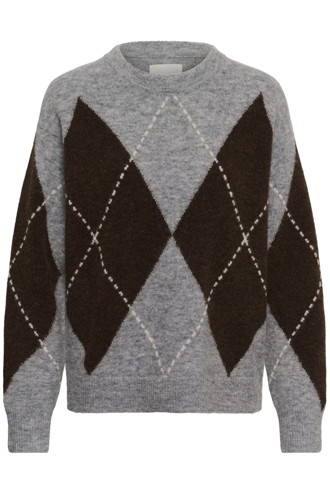Vue de face chandail Sorayas Part Two pour femme gris avec motifs tricotés - Valérie Simon