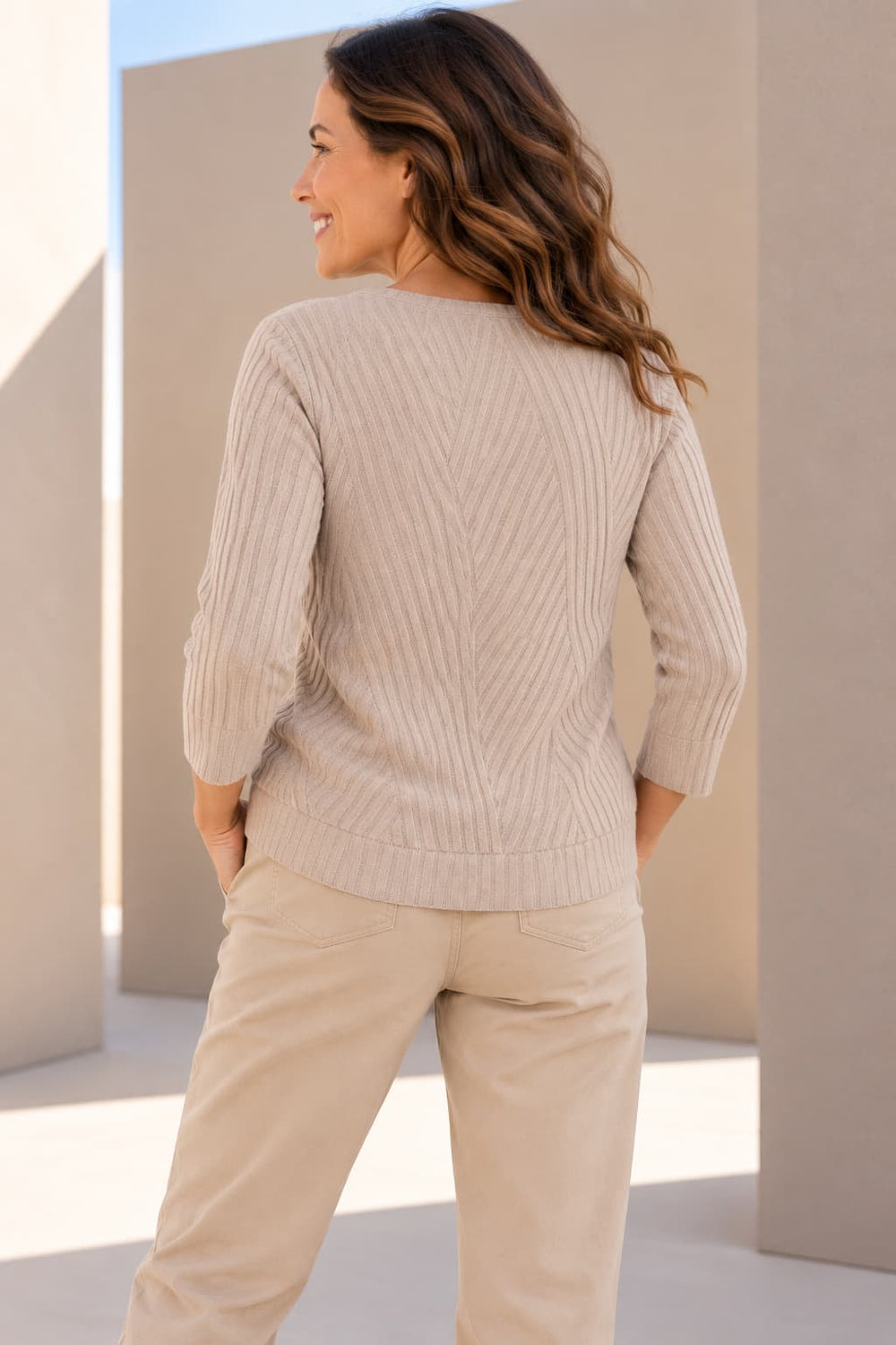 Women's textured three-quarter sleeve sweater, front view kennys