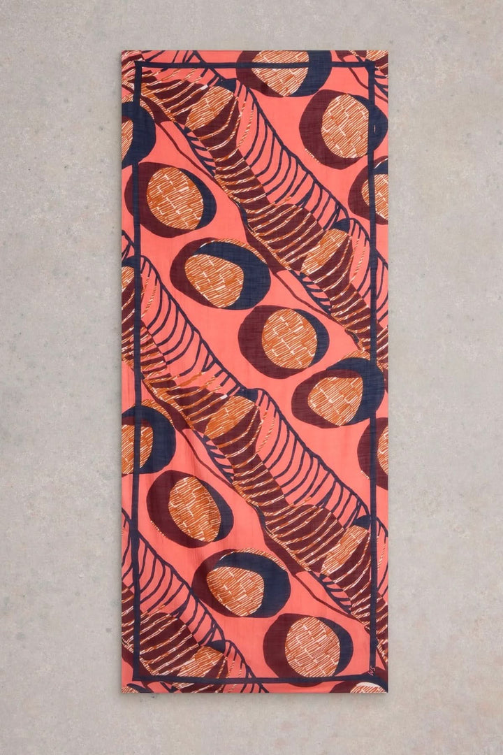 Écharpe géométrique abstraite en coton bio et viscose EcoVero, légère et douce. Imprimé coloré sur fond rose.