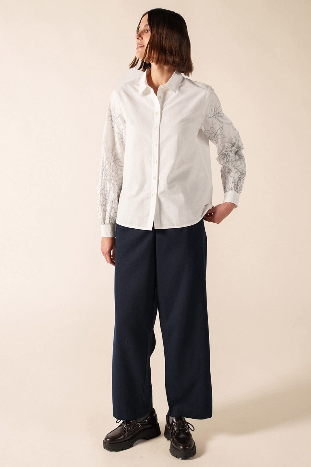 Front view of the FLORICA embroidered-sleeve shirt for women by Saint James