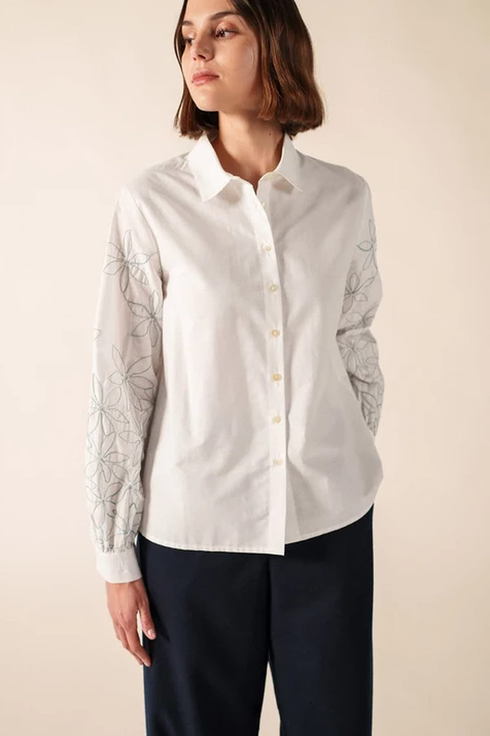 Front view of the FLORICA embroidered-sleeve shirt for women by Saint James