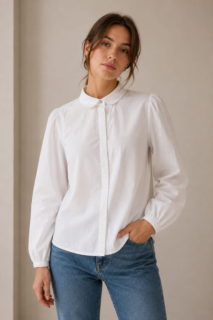 Front view of the JC SOPHIE white puff-sleeve shirt for women - Valérie Simon
