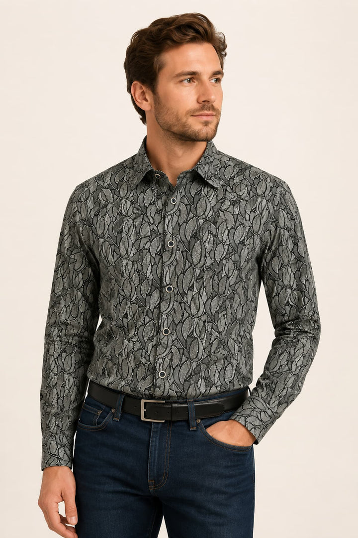 Vue de face chemise à motif feuillage contemporain Fellows United bleue pour homme - Valérie Simon