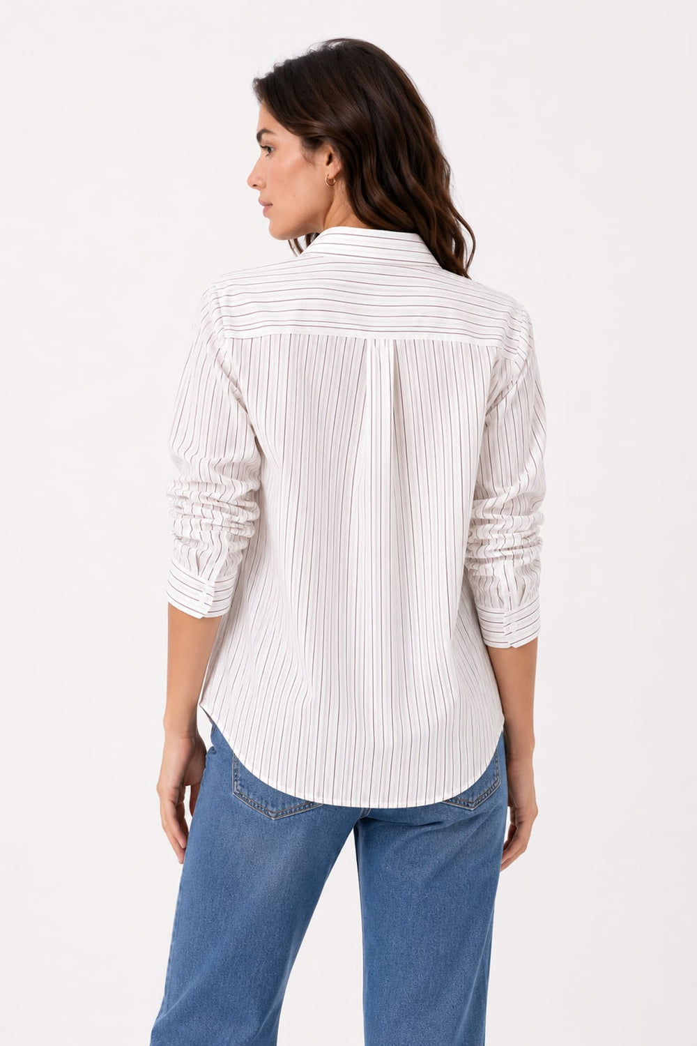 Front view of a white striped shirt Repeat Cashmere with gathered sleeves for women - Valérie Simon