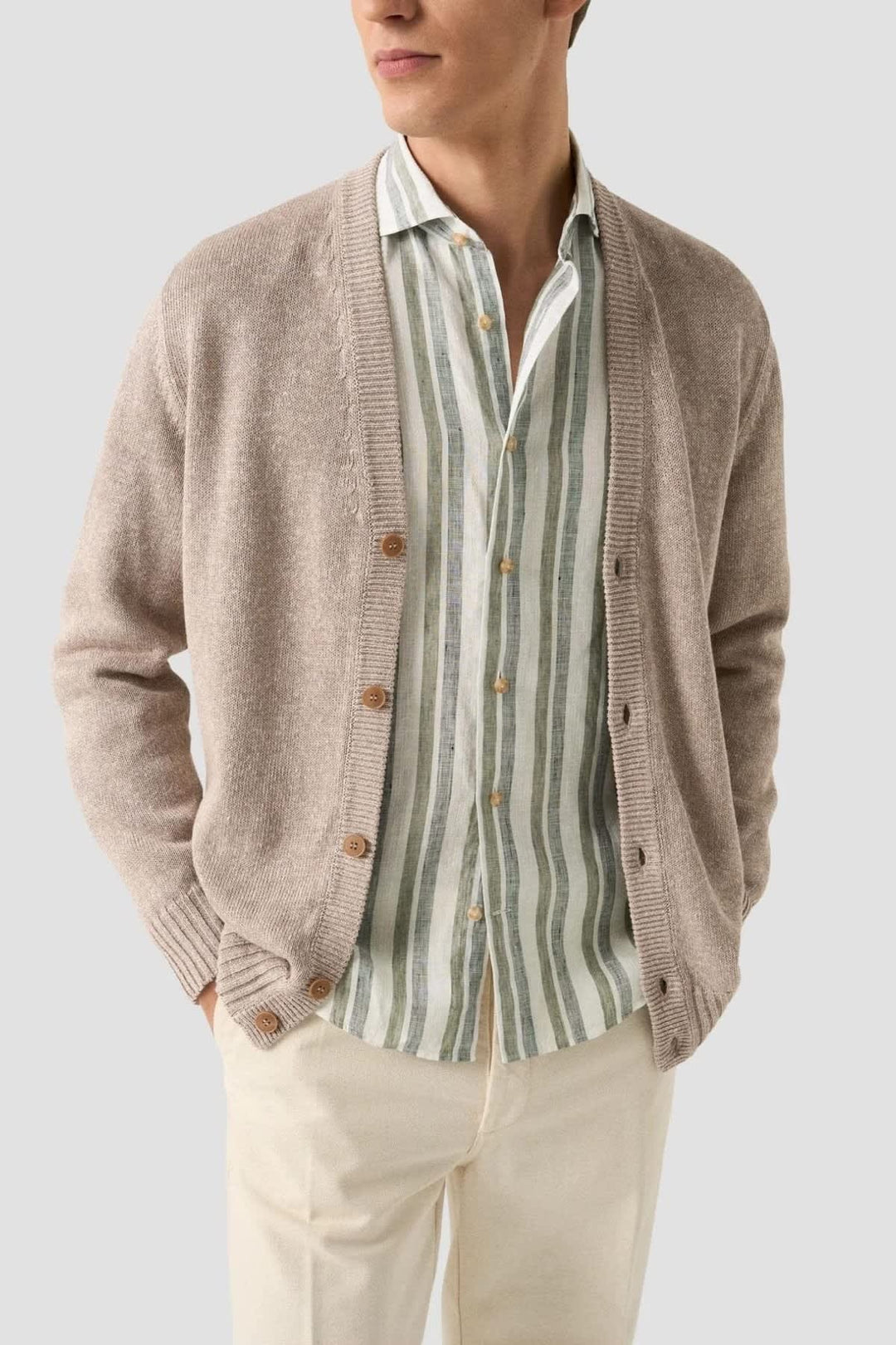 Vue de face chemise sport à rayures Eton beige et bleue pour homme - Valérie Simon