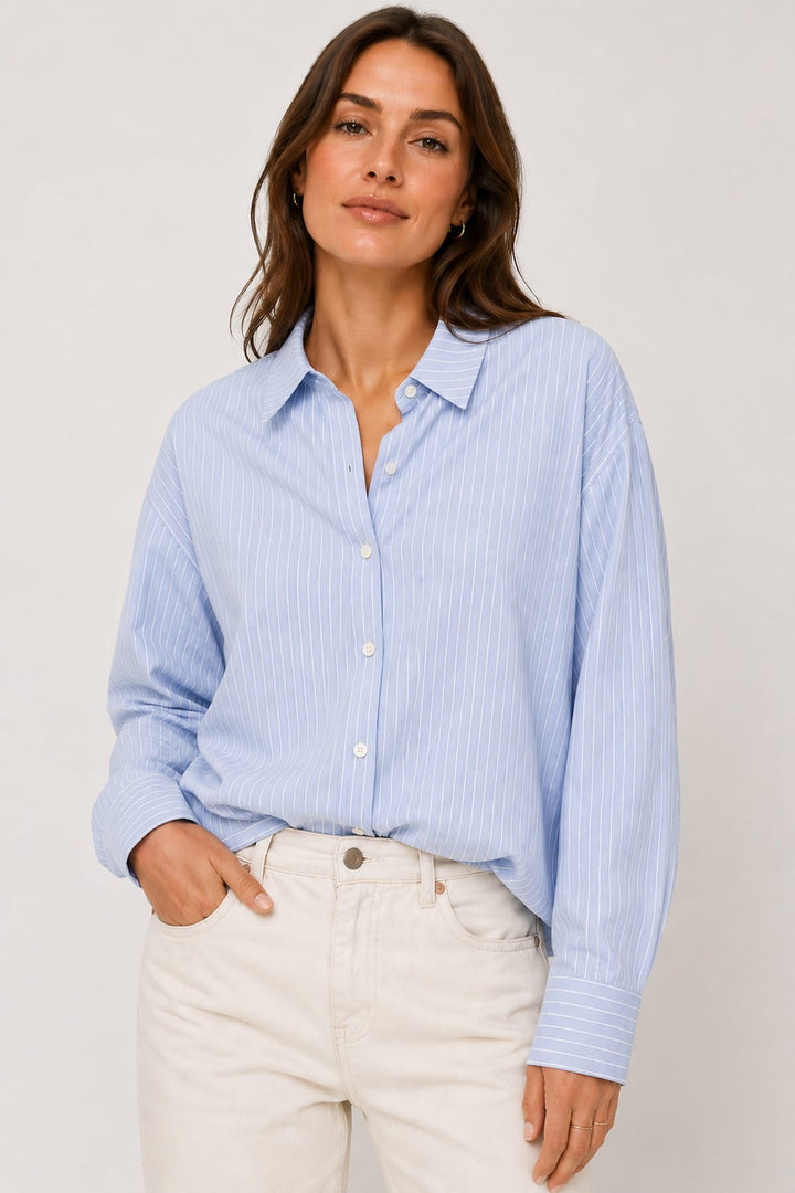 Front view of the JC SOPHIE fine-striped white shirt for women - Valérie Simon